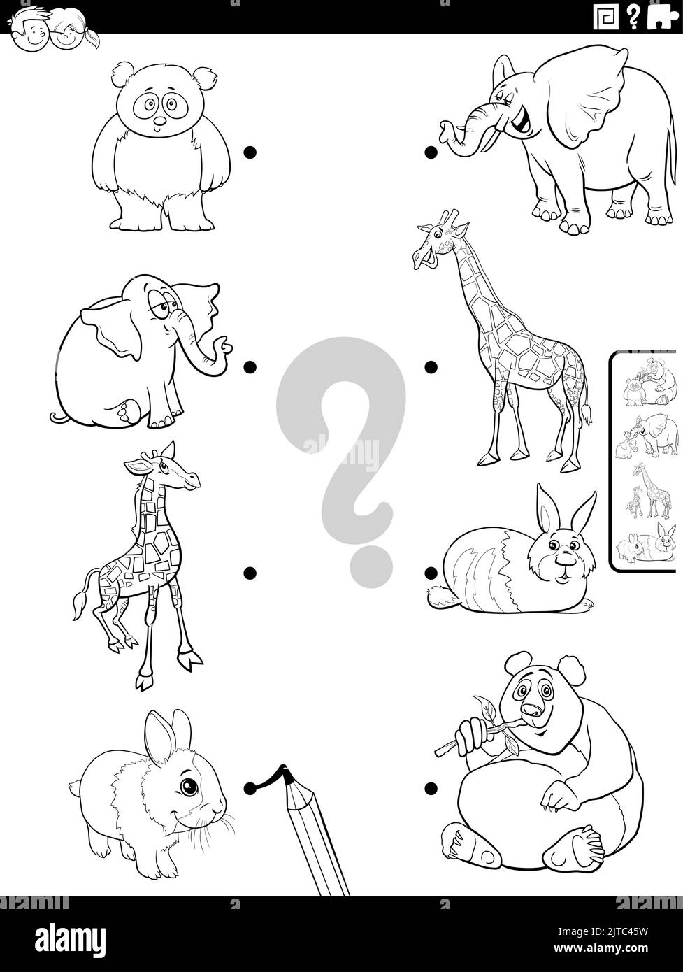 Schwarz-Weiß-Cartoon-Illustration der pädagogischen Matching-Aufgabe mit Tierarten Zeichen und ihre Babys Färbung Seite Stock Vektor