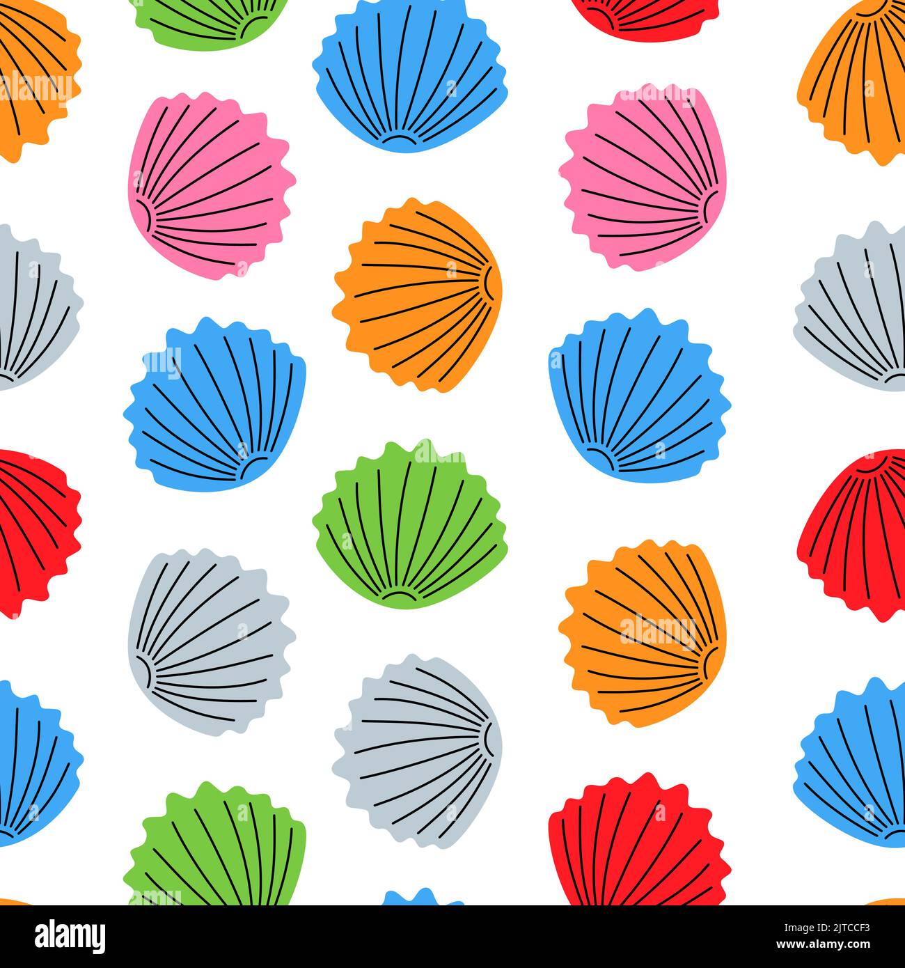 Muschel Muschel Seamless Muster. Farbiger Muschelhintergrund. Muschel Muschel handgezeichnetes Muster Stock Vektor