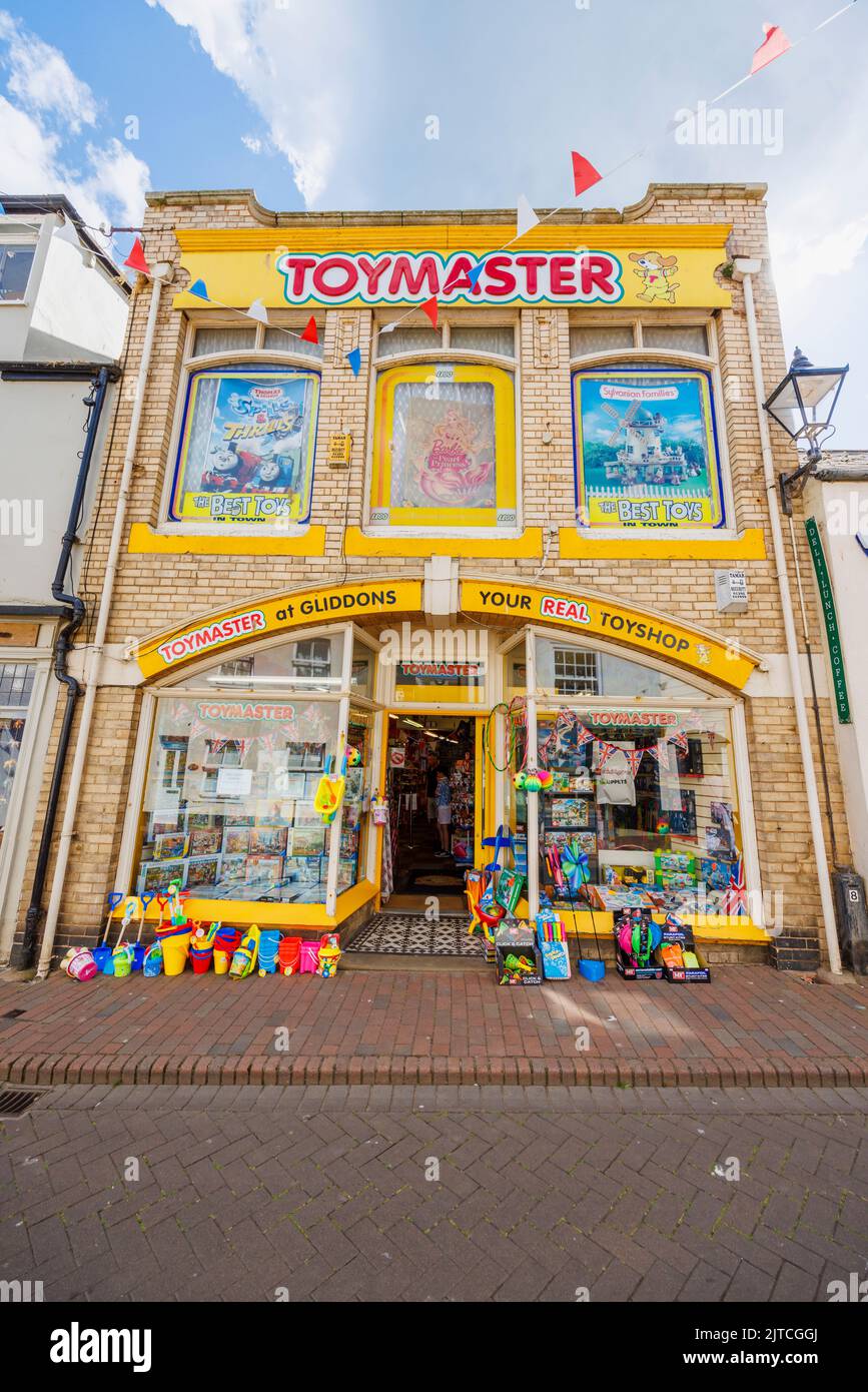 Toymaster at Gliddons, ein traditionelles Spielzeuggeschäft im Stadtzentrum von Sidmouth, einem Küstenort und Ferienort in East Devon an der Jurassic Coast Stockfoto