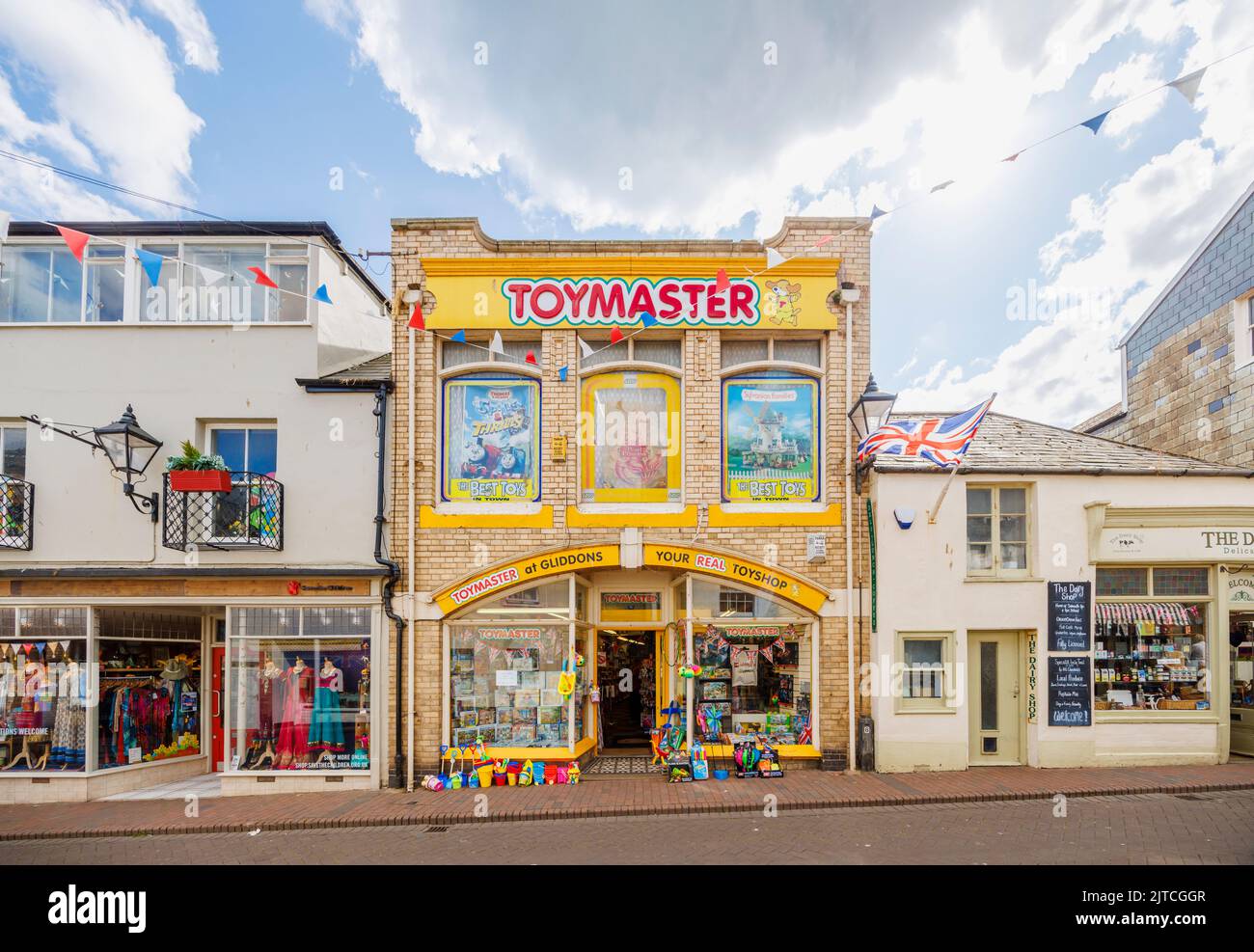 Toymaster at Gliddons, ein traditionelles Spielzeuggeschäft im Stadtzentrum von Sidmouth, einem Küstenort und Ferienort in East Devon an der Jurassic Coast Stockfoto