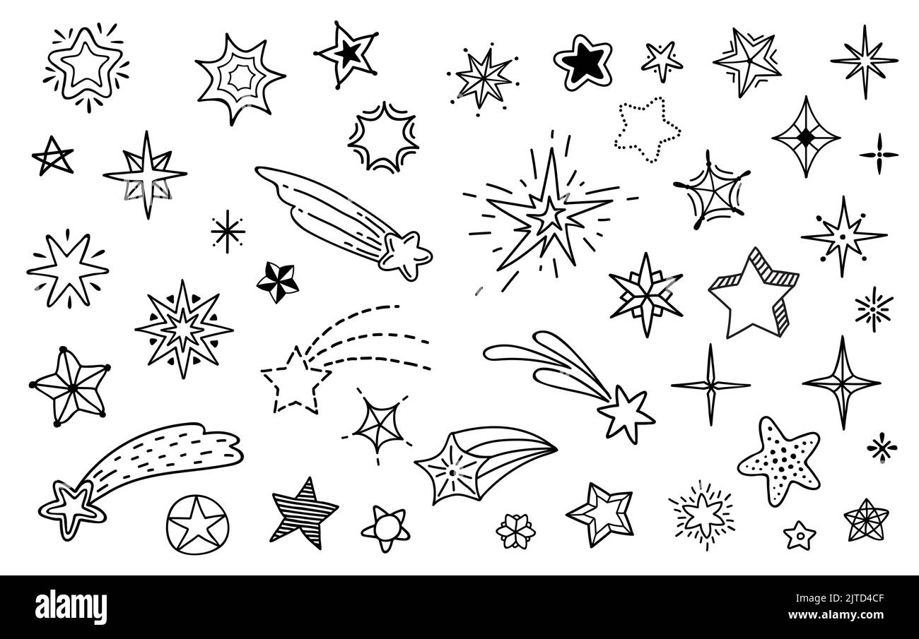 Doodle Sterne Skizze, handgezeichnete Linie niedlichen Sternenhimmel, Vektor-Symbole mit Mustern. Tintenstift oder Bleistift kritzeln Skizzensterne, Karikaturen skizzenhafte Kometen oder funkelnden Sternschnuppen im Weltraum Stock Vektor