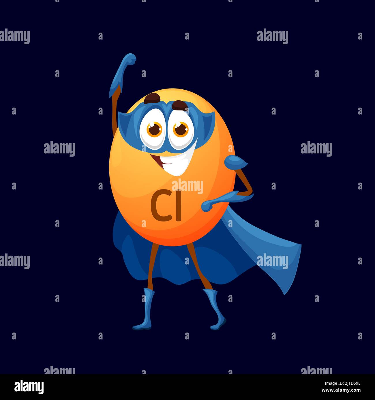 Cartoon chlorium Superhelden Mikronährstoff Charakter. Isolierter Vektor lustige CL-Persönlichkeit. Comic Nährstoffverteidiger, märchenhafte Nahrungsergänzung Kapsel, Mineral, Mikronährstoff Blase in blauer Maske und Mantel Stock Vektor
