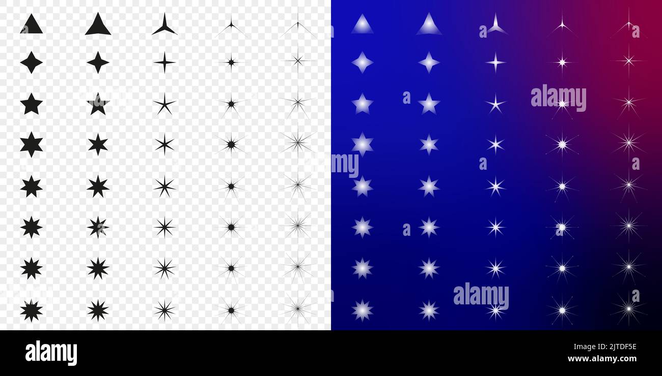 Stars-Kollektion. Sternvektorsymbole. Sternensatz, isoliert auf transparentem und blauem Hintergrund. Sternsymbol. Sterne in modernem, schlichten, flachen Stil Stock Vektor