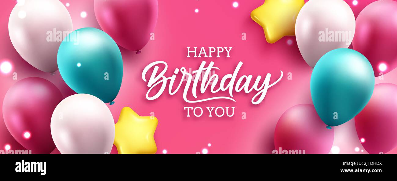 Geburtstag Gruß Vektor Hintergrund Design. Alles gute zum Geburtstag, um Sie Text in rosa Hintergrund mit Ballonfarben und Sterne schwebenden Elemente für den Geburtstag. Stock Vektor