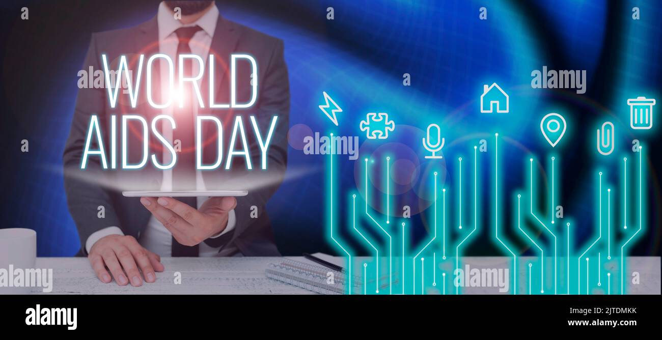 Text mit Inspiration zum Welt-Aids-Tag. Business Approach 1.. Dezember widmet sich der Sensibilisierung für die AIDS-Frau mit VR-Brille und Stockfoto