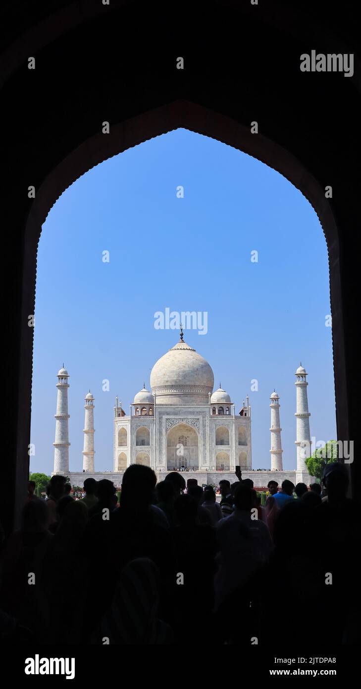 Die Rückansicht des Taj Mahal, Eingangsansicht, Uttara Pradesh, Indien. Stockfoto
