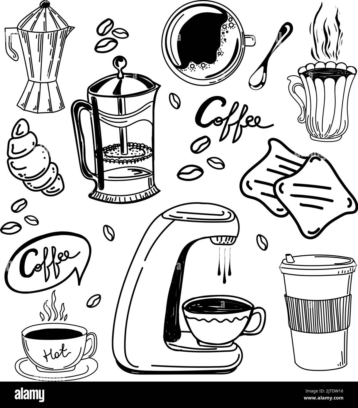 Handgezeichnete Symbole für Kaffeemaschine mit Kaffeetasse, Kaffeepresse, Kaffeebohnen, Croissant und Toast. Handgezeichnete Inschriften. Art der Zubereitung von kofz Stock Vektor