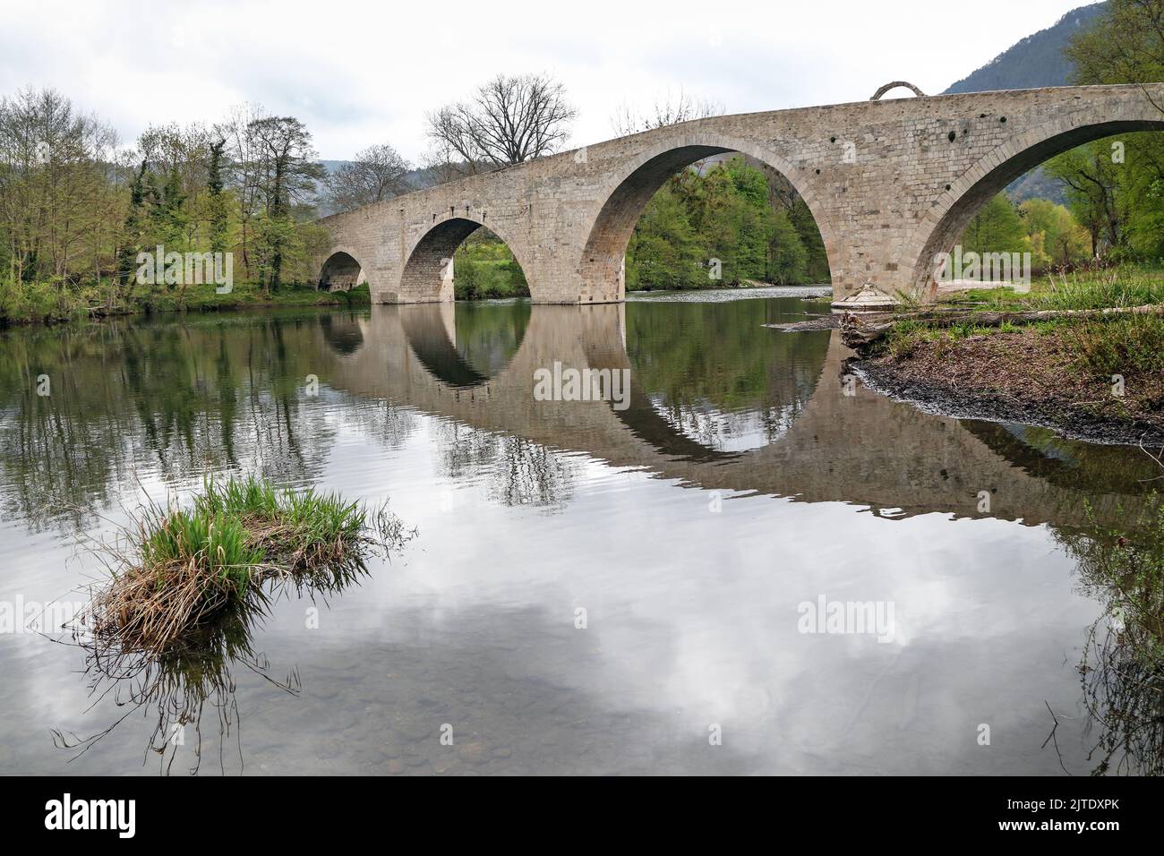 Die Pont de Quezac spiegelt sich im Fluss Tarn, Gorges du Tarn, Causses, Frankreich, EU wider Stockfoto