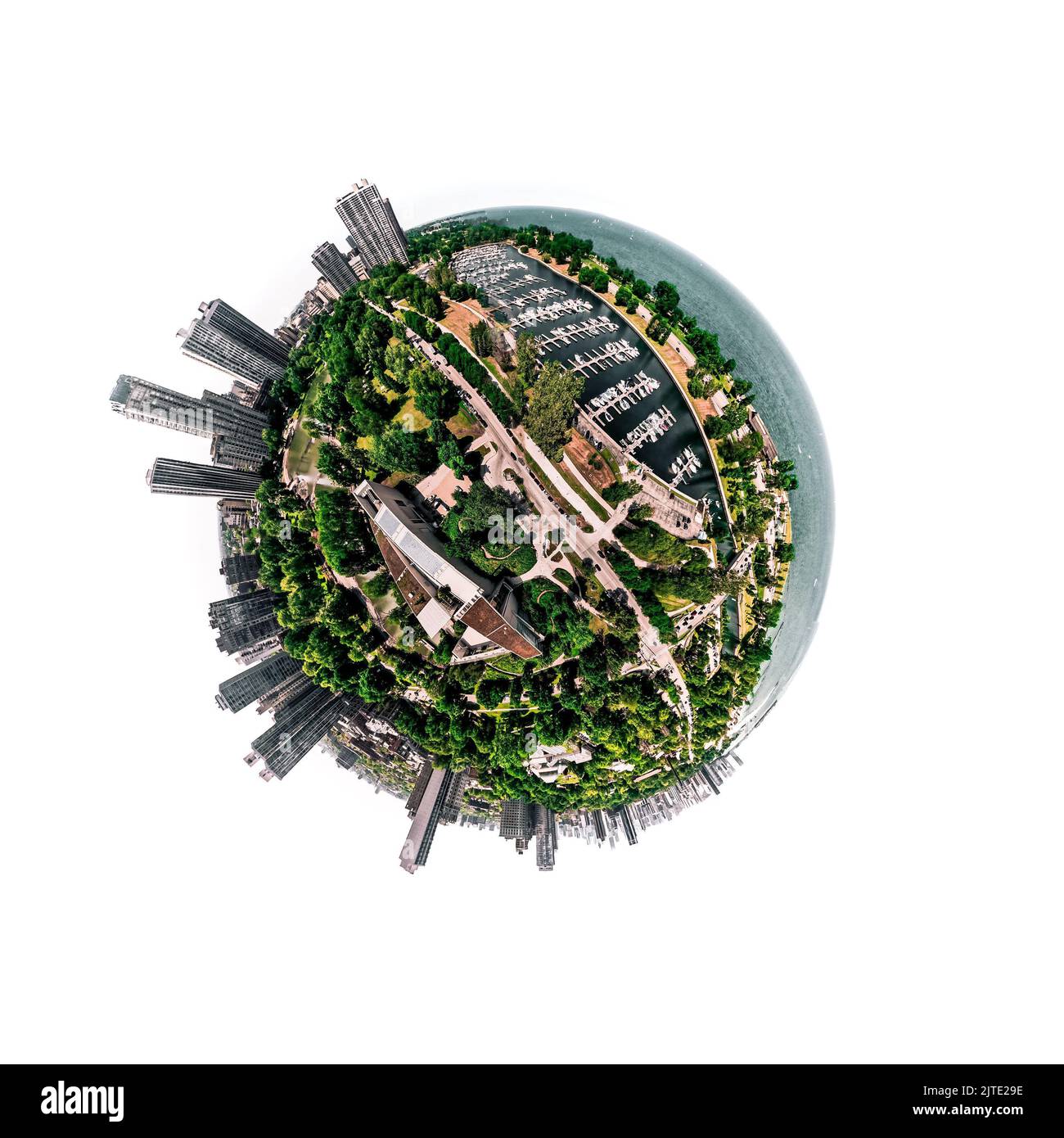 Eine 360 der Wolkenkratzer, Parks und dem Hafen von Chicago. Stockfoto