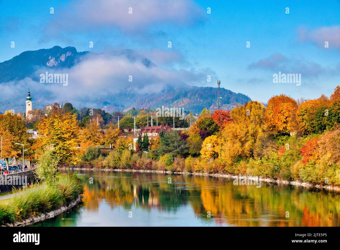 Herbstlaub am Ufer der Drau, Villach, Österreich Stockfoto