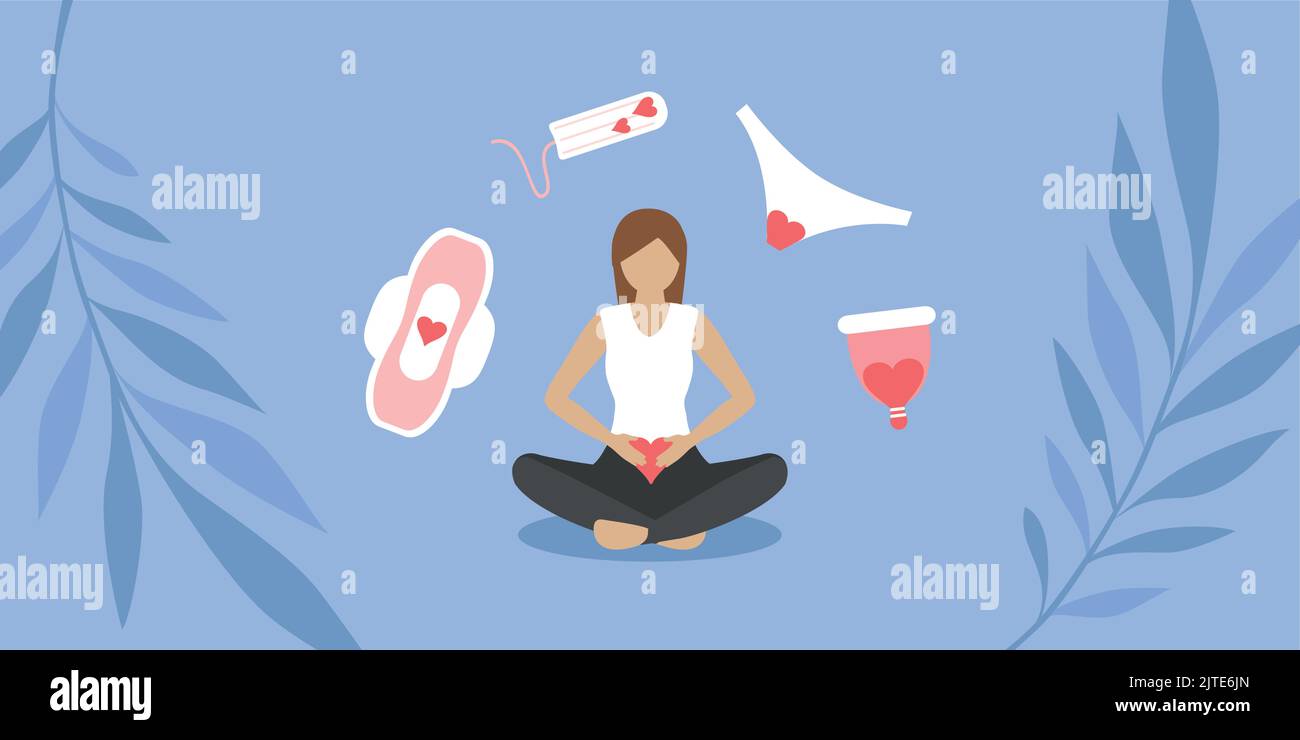 Weibliche Hygieneprodukte Menstruation Frau in Yoga-Pose Stock Vektor