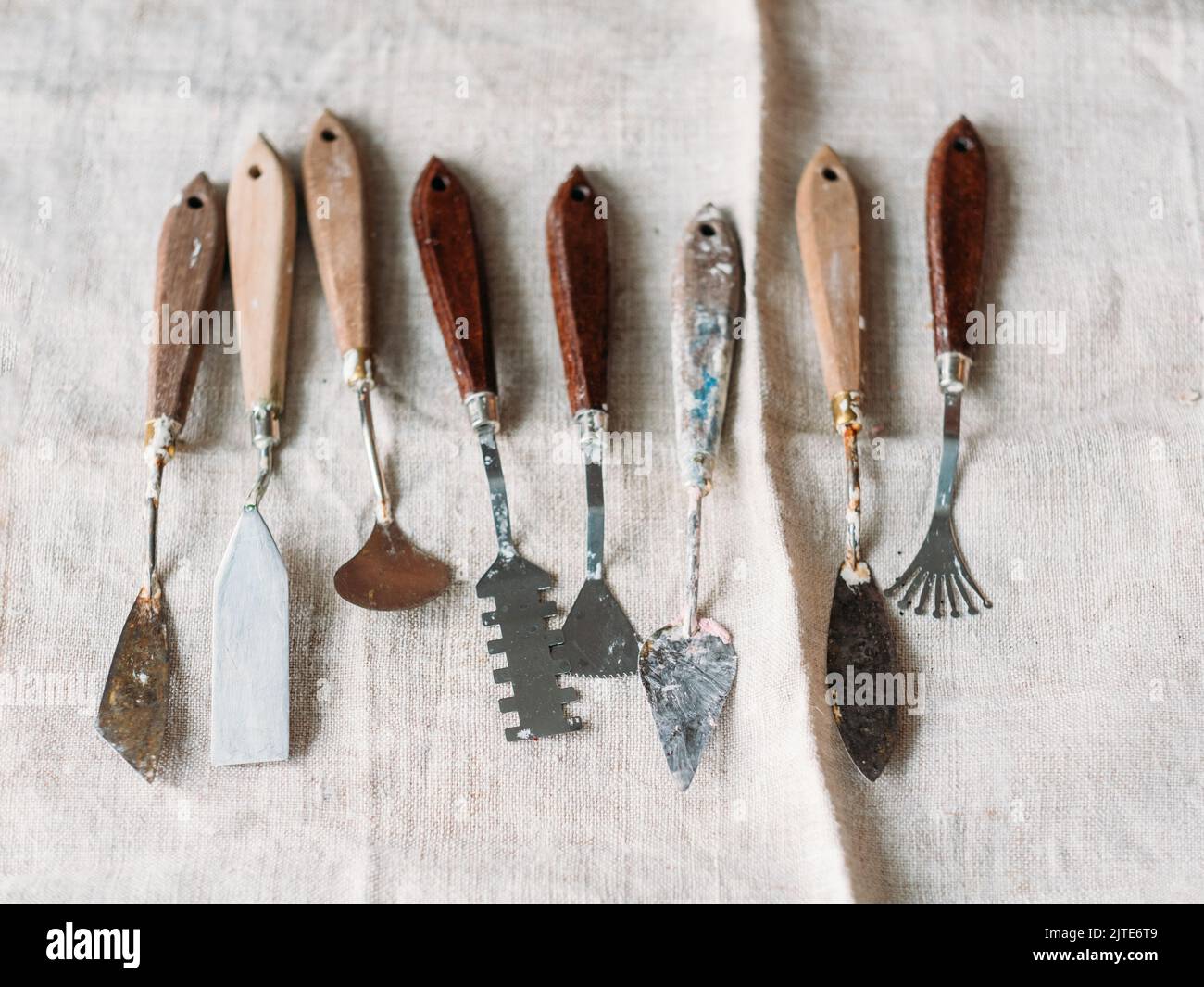 Künstler Werkzeuge Kunst Handwerk Set textilen Hintergrund Stockfoto