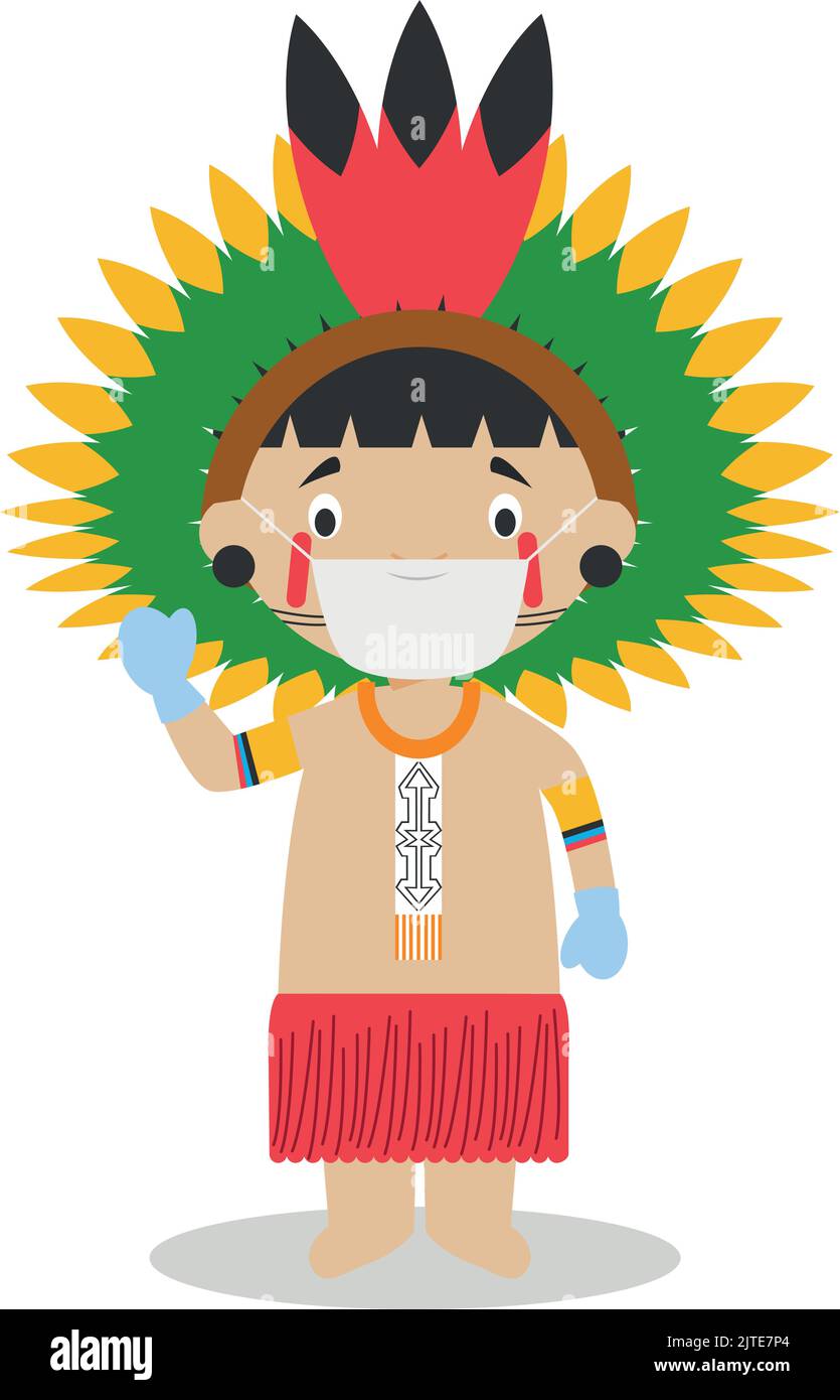 Charakter aus der Amazonasregion in Brasilien und Venezuela, traditionell gekleidet und mit OP-Maske und Latexhandschuhen als Schutz vor einem HE Stock Vektor