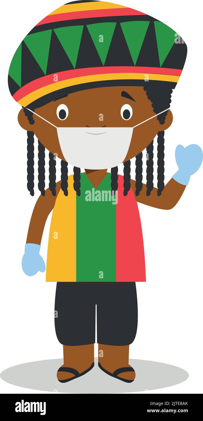 Charakter aus Jamaika traditionell gekleidet mit Dreadlocks und mit OP-Maske und Latexhandschuhen als Schutz vor einem gesundheitlichen Notfall Stock Vektor