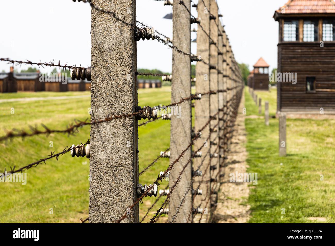 Stacheldraht um das Konzentrationslager Auschwitz-Birkenau. Oswiecim, Polen, 16. Mai 2022 Stockfoto