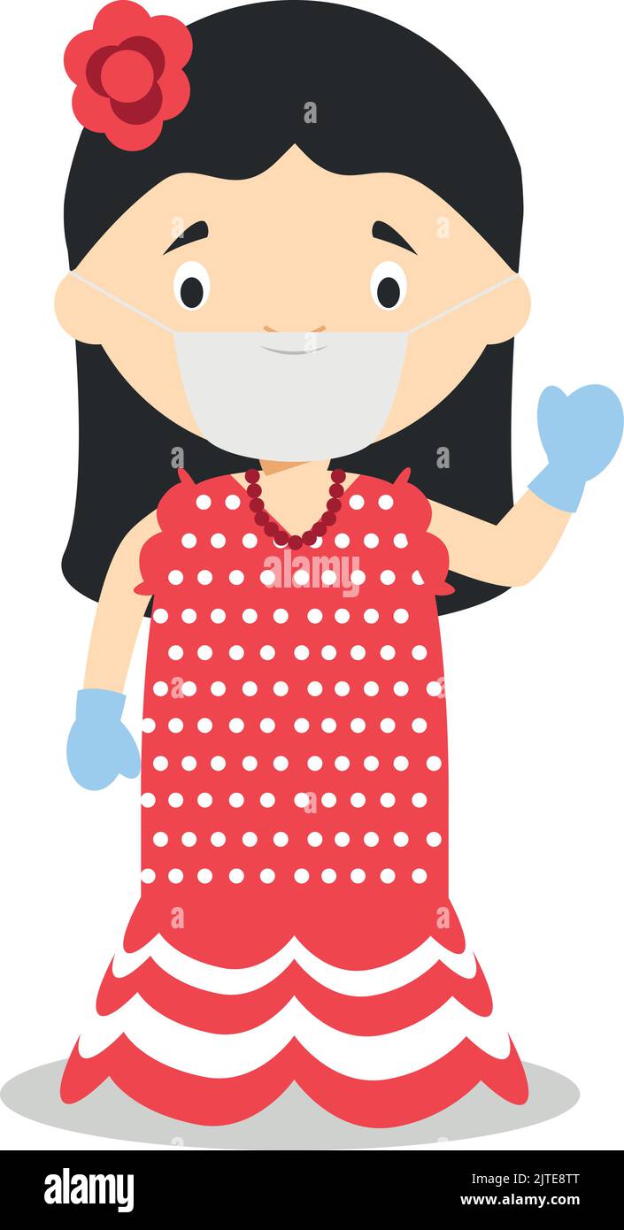 Charakter aus Spanien, traditionell gekleidet als Flamencotänzerin und mit einer OP-Maske und Latexhandschuhen als Schutz vor einer Gesundheit entstehen Stock Vektor