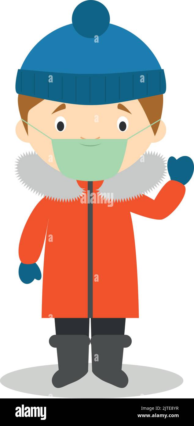Charakter aus Südpol, Arktis oder Antarktis, traditionell gekleidet und mit OP-Maske und Latexhandschuhen als Schutz vor der Gesundheit Stock Vektor