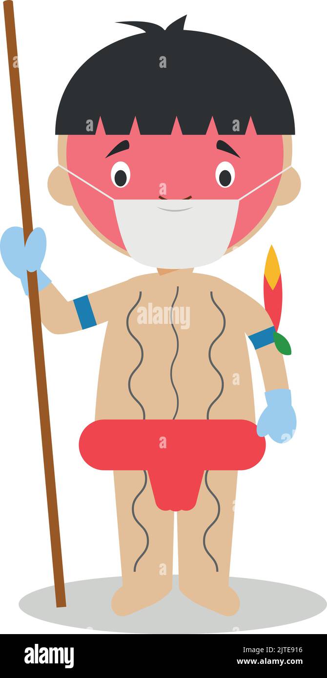 Charakter aus Venezuela, traditionell gekleidet als Yanomami-Indigene und mit OP-Maske und Latexhandschuhen als Schutz vor einer Gesundheit Stock Vektor
