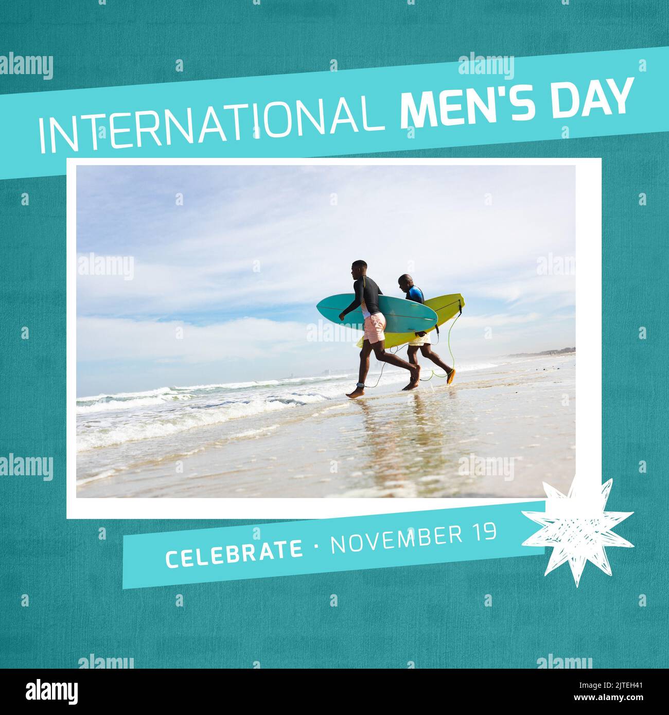 afroamerikanische Männer mit Surfbrettern, die auf das Meer laufen, internationaler Männertag Text im Rahmen Stockfoto