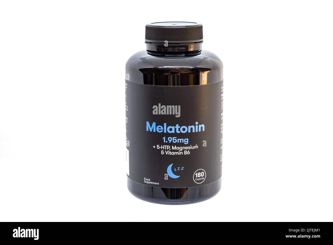 Flasche mit Melatonin 1,95 mg und 5-HTP, Magnesium und Vitamin B6 Pillen Stockfoto