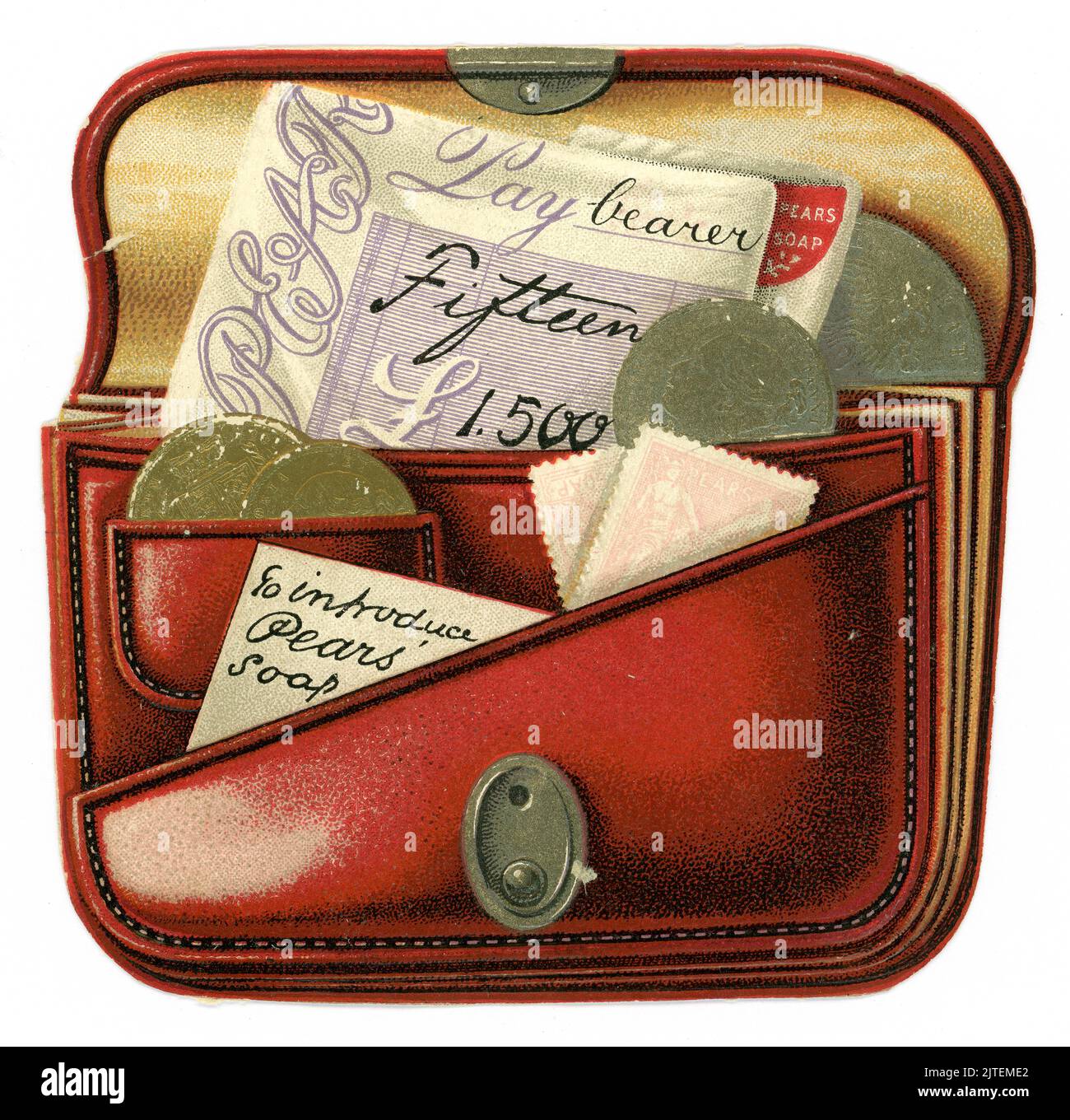 Original viktorianische Werbeartikel gestanzte und geprägte Werbekarte einer roten Geldbörse oder Brieftasche mit Verschluss, die den Inhalt enthält: Goldfürsten und silberne Schillinge, mit dem Kopf von Königin Victoria, einem Scheckstempel mit Birnen-Werbung auf ihnen (verblasst) und einer Notiz „um Sie mit Pear's Soaps vertraut zu machen“. Auch in einem Magazineinsatz gedruckt. Birnen war die weltweit erste durchscheinende Seife auf dem Massenmarkt und ist eine britische Marke. Großbritannien um 1895 Stockfoto