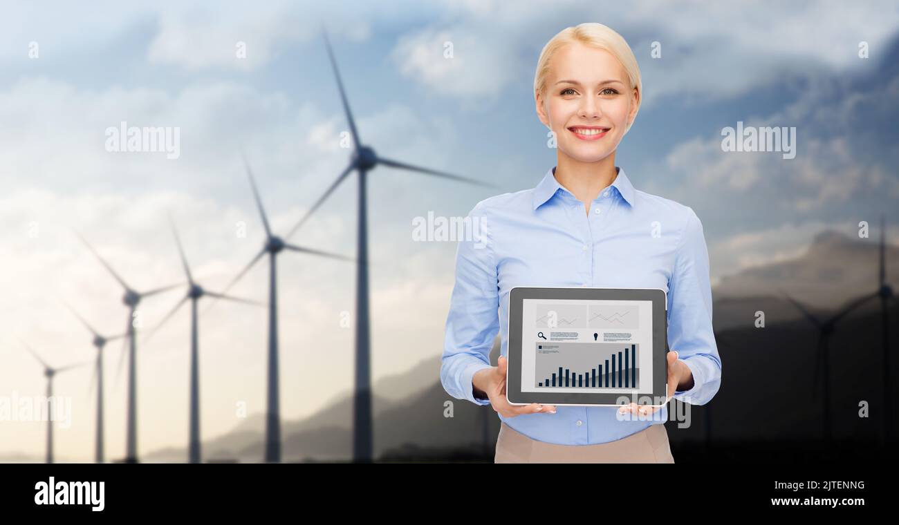 Geschäftsfrau mit Energiekarten auf einem Tablet-pc Stockfoto