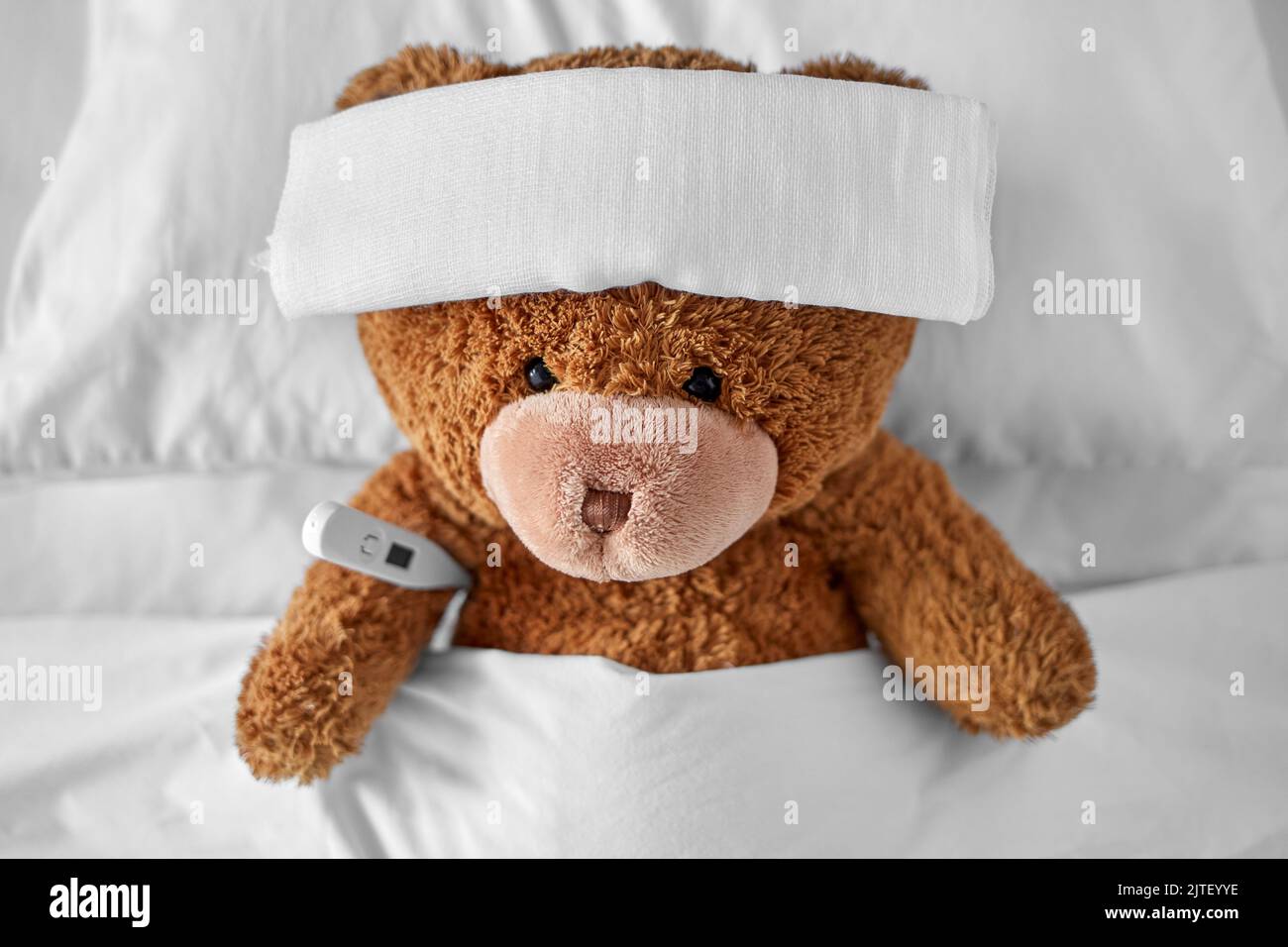 Kranker Teddybär mit Verband und Thermometer im Bett Stockfotografie - Alamy
