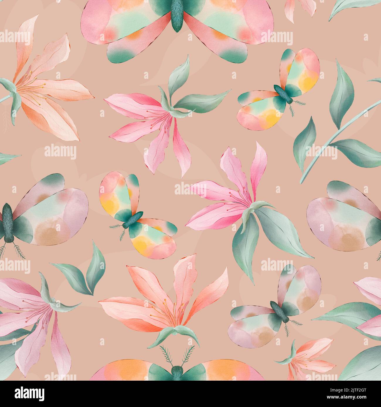 Magnolia Blumen und Motten nahtloses Muster Stockfoto