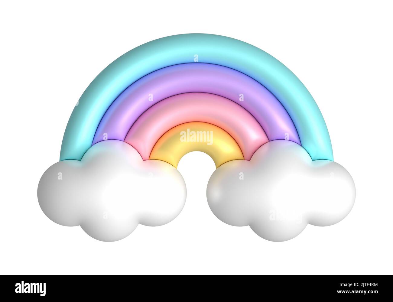 3D Regenbogen in Bonbon-Pastellfarben gelb, rosa, lila, blau. Niedlichen Kunststoff Regenbogen mit Wolken. 3D Rendering Feder Illustration geeignet für decorati Stockfoto