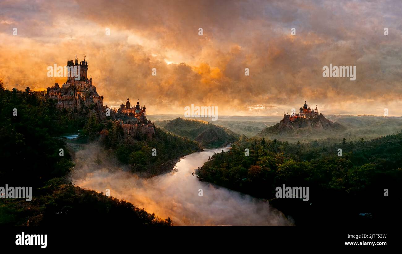 Bergburgen entlang des Flusses in bewaldeter Landschaft bei Sonnenaufgang Stockfoto