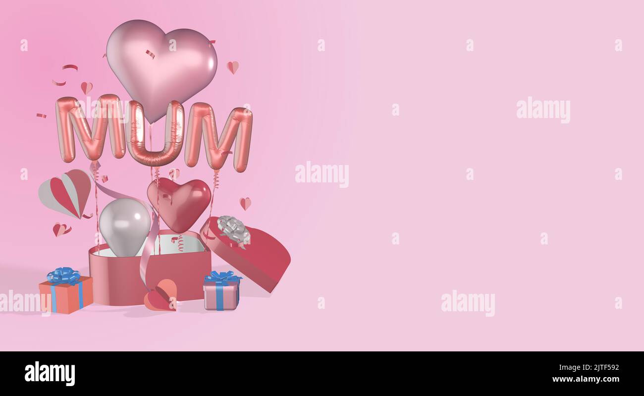 3D gerendert Muttertag Hintergrund Mama Geburtstag Hintergrund Geschenk-Boxen Herz Ballons Band Bögen Ballon Mama Text geeignet für Muttertag oder Geburtstag Stockfoto