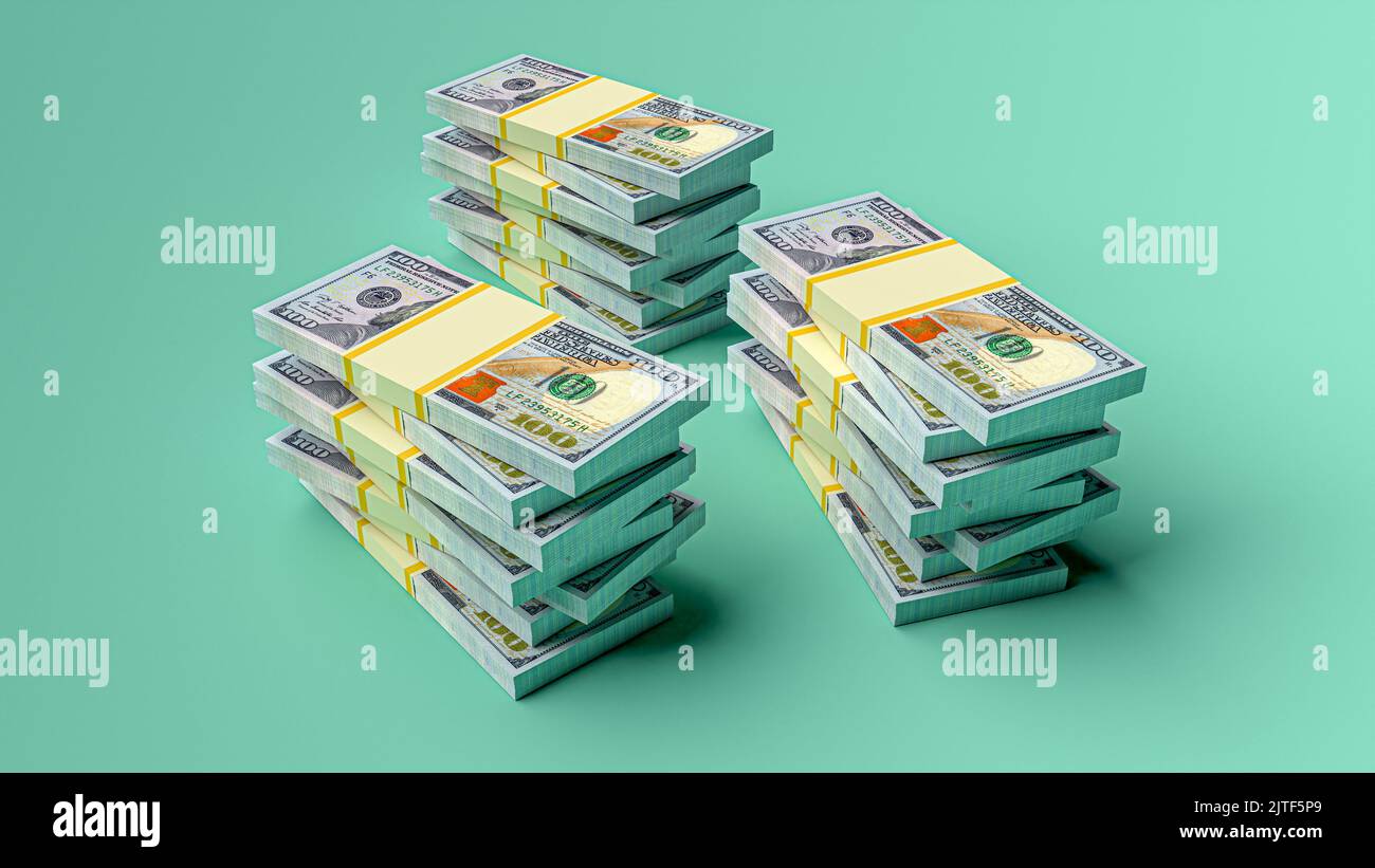 Große Geldstapel aus Dollar. Konzept der US-Dollar-Finanzierung. 3D Rendern Stockfoto