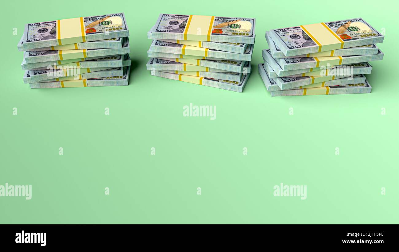 Große Geldstapel aus Dollar. Konzept der US-Dollar-Finanzierung. 3D Rendern Stockfoto
