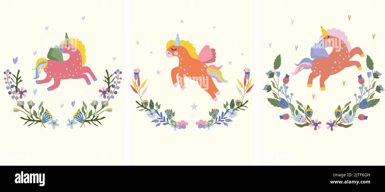 Niedliche Einhörner mit bunten Blumen und Blättern. Magische Pferde in verschiedenen Posen. Fantastisches Einhorn. Feen Komposition für Ihr Design. Vektorgrafik. Stock Vektor