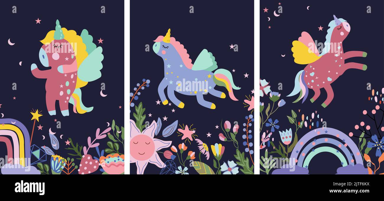 Sammlung niedliche Einhörner mit bunten Blumen und Blättern, Sonne, Regenbogen und andere. Fantastisches Einhorn.Helle Komposition für Ihr Design. Vektorgrafik Stock Vektor