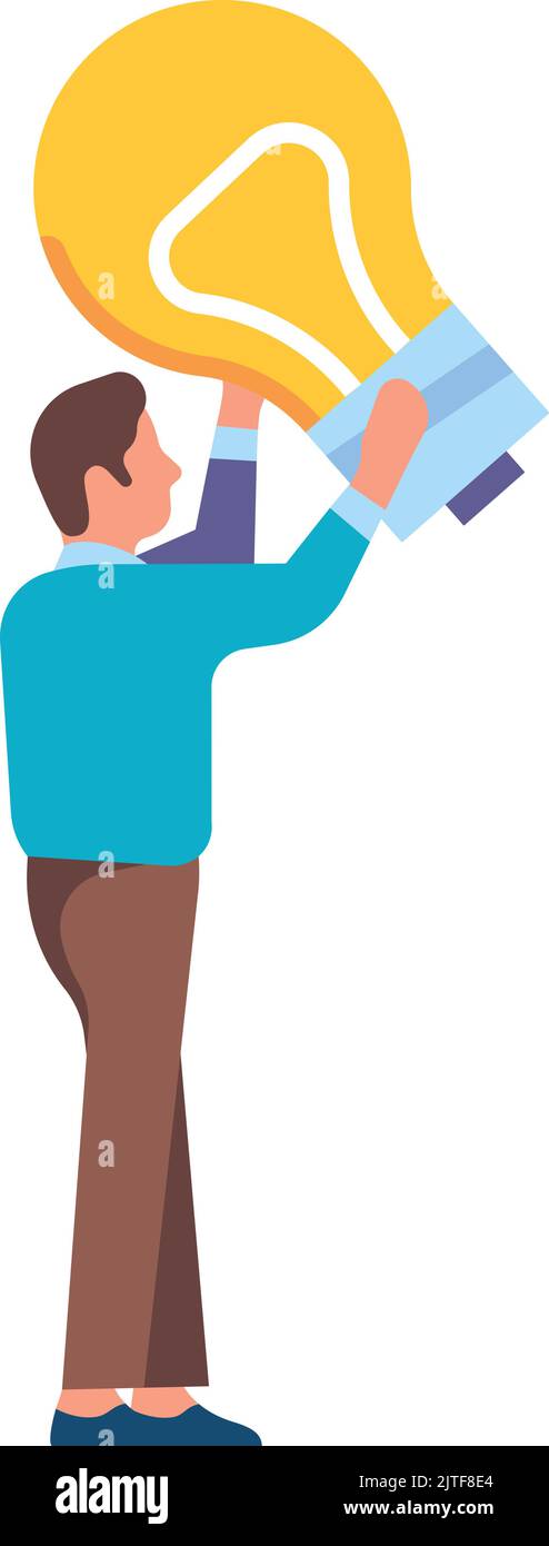 Mann, der eine riesige Lampe aufhebt. Kreativer Typ, der eine Idee bekommt Stock Vektor