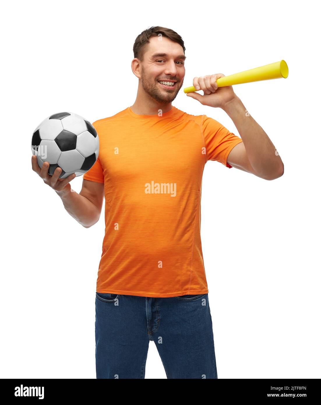 Männliche Fußballfans mit Fußball und die Vuvuzela Stockfoto