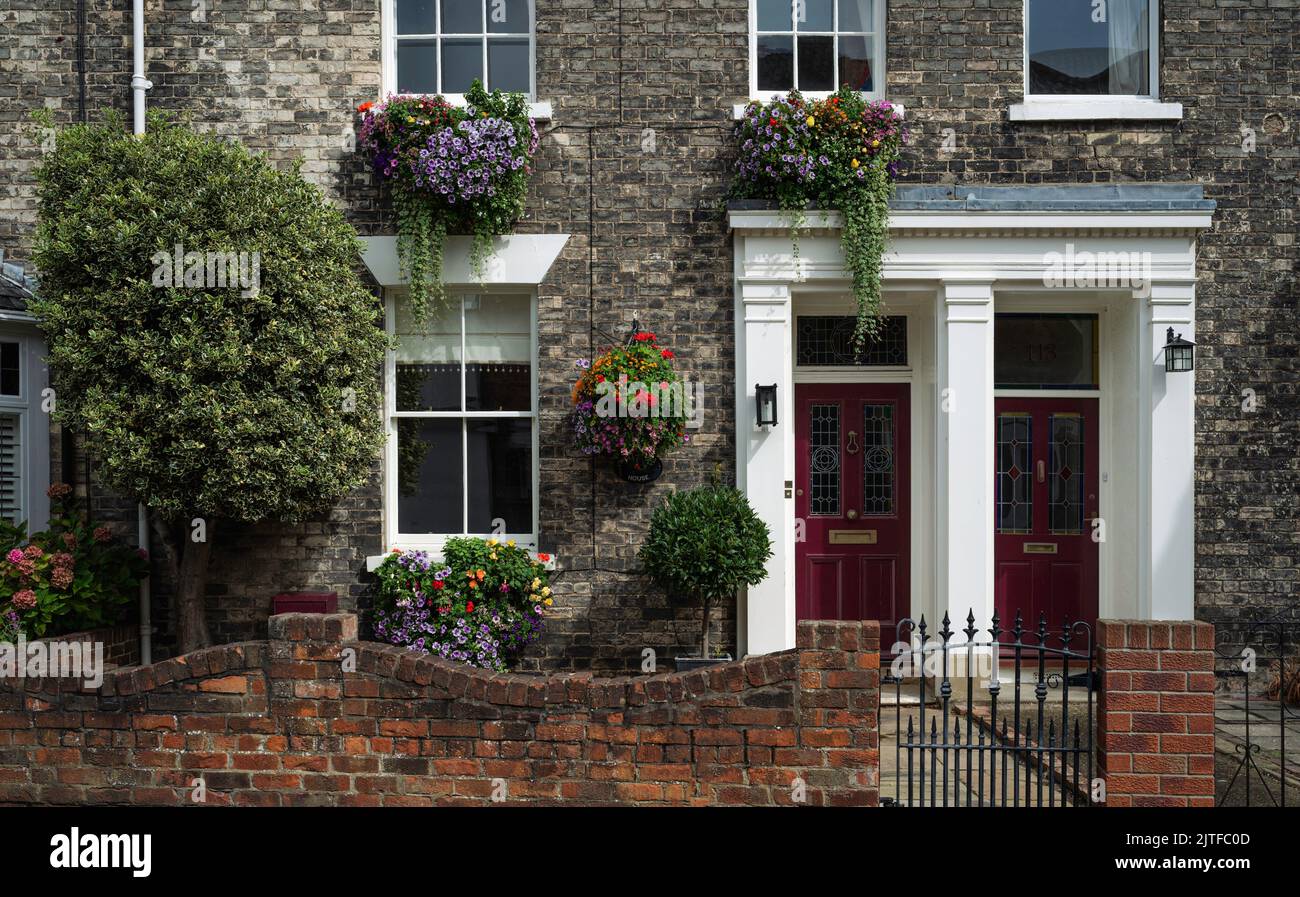 Traditionelle englische Reihenhäuser mit Eingangstüren und Schiebefenstern und hängenden Körben mit blühenden Pflanzen im Sommer. Beverley, Großbritannien. Stockfoto