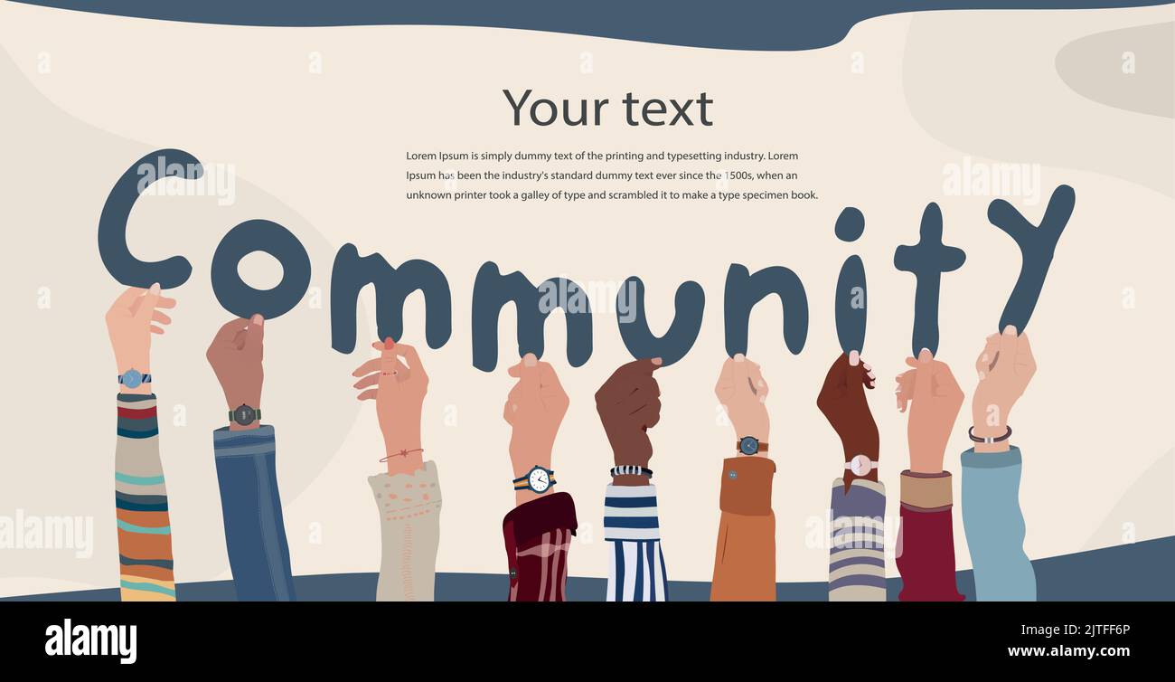 Gruppe von verschiedenen und multikulturellen Menschen mit Händen halten Briefe bilden Text -Community- Diversity Menschen. Teamwork-Community. Vielfältige Kultur Stock Vektor