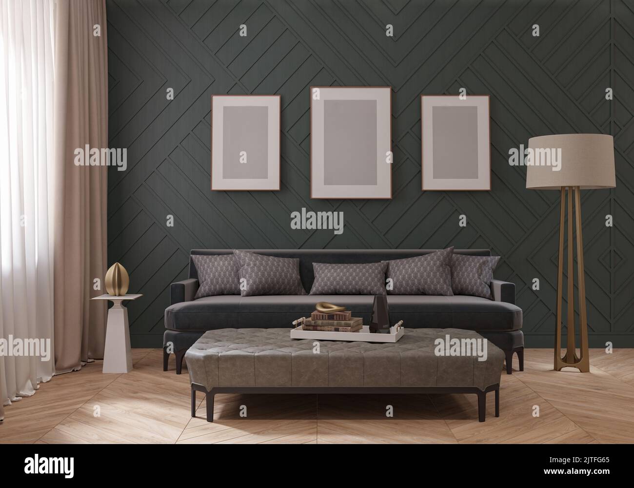 Sofa im Wohnzimmer mit Fenster, Bild und Teppich, gelbe Wand. 3D Rendern Stockfoto