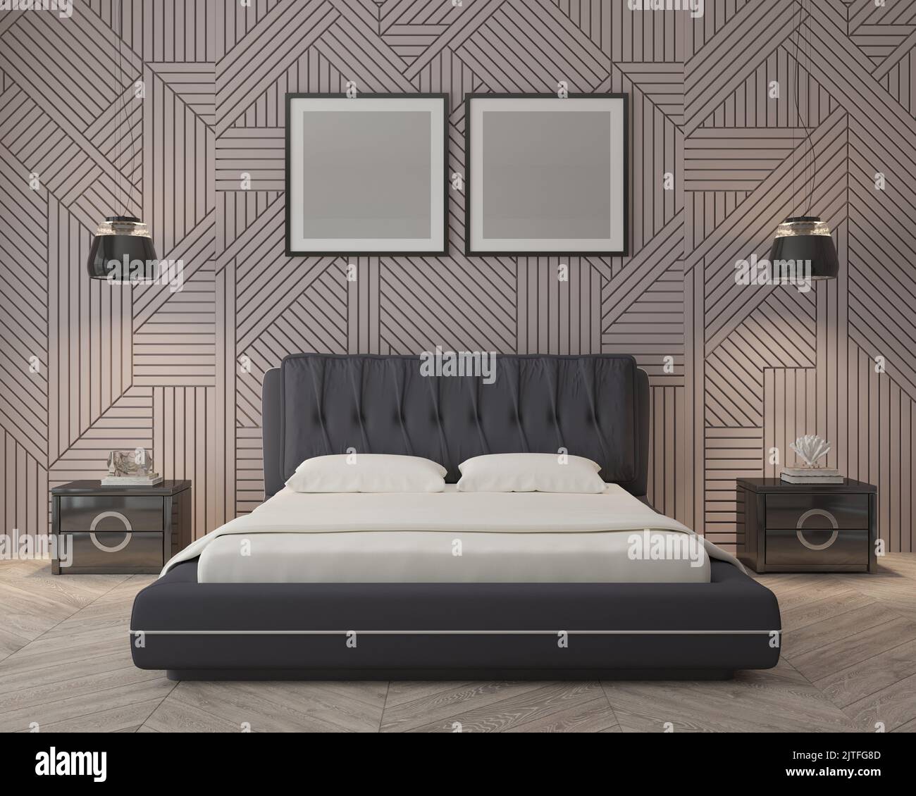 3D Abbildung. Stilvolles Schlafzimmer in hellen Farben mit Doppelbett und Wandpaneel, Gemälden und Holzfußboden. 3D Rendern. Stockfoto