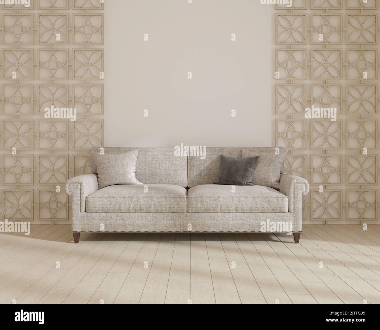 Stilvolles Zimmer in Weiß mit Sofa. 3D Rendern Stockfoto