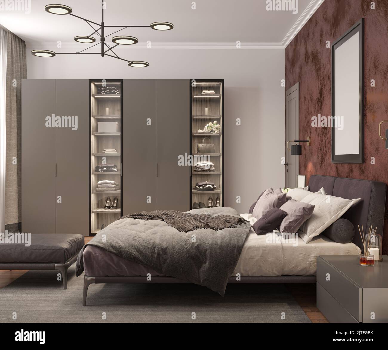 Schlafzimmer mit brauner und goldener Wand, Poster, Wandleuchte, Teppich,  Master-Bett, Einrichtung, Nachttische, Holzboden, modern, Loft, 3D Rendern  Stockfotografie - Alamy