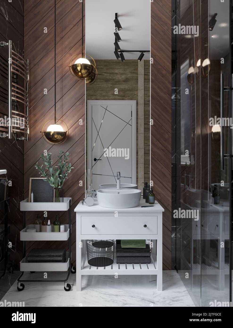 3D Abbildung. Dunkles, modernes Badezimmer mit Toilette und Dusche, Oberflächen aus schwarzem und weißem Marmor, Sandsteinmauerwerk. Raupenlichter, Anhänger, Duschkabine Stockfoto