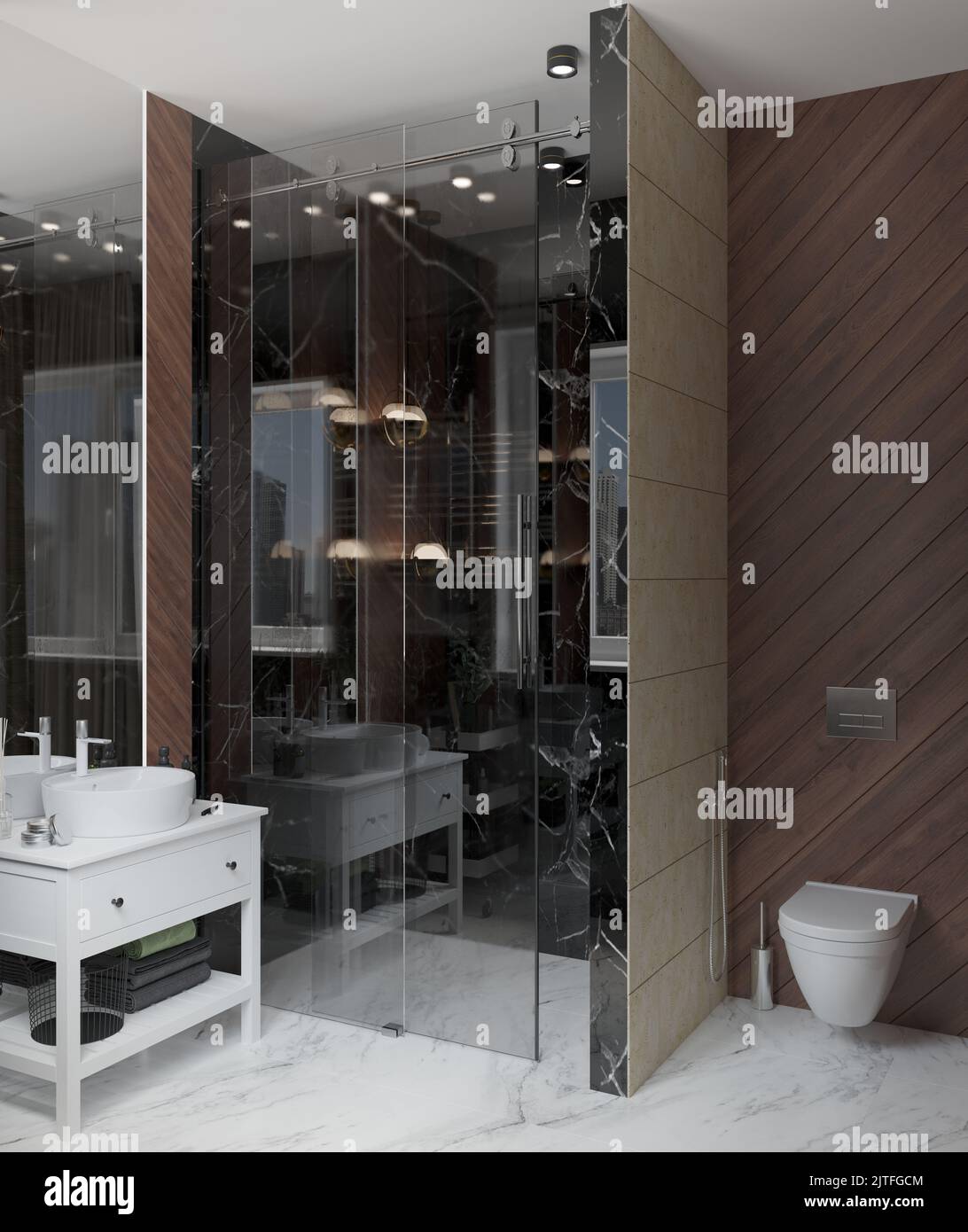 3D Abbildung. Dunkles, modernes Badezimmer mit Toilette und Dusche, Oberflächen aus schwarzem und weißem Marmor, Sandsteinmauerwerk. Raupenlichter, Anhänger, Duschkabine Stockfoto