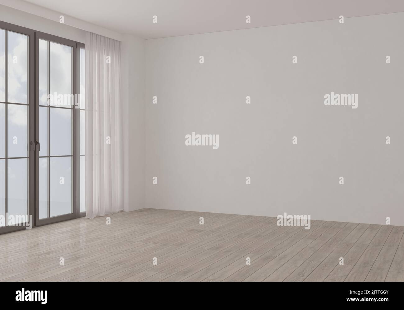 3D Abbildung. Weiße, leere skandinavische Zimmereinrichtung mit Holzboden und großer Wand. Blick auf den Himmel, Panoramafenster. Hintergrund innen. Stockfoto