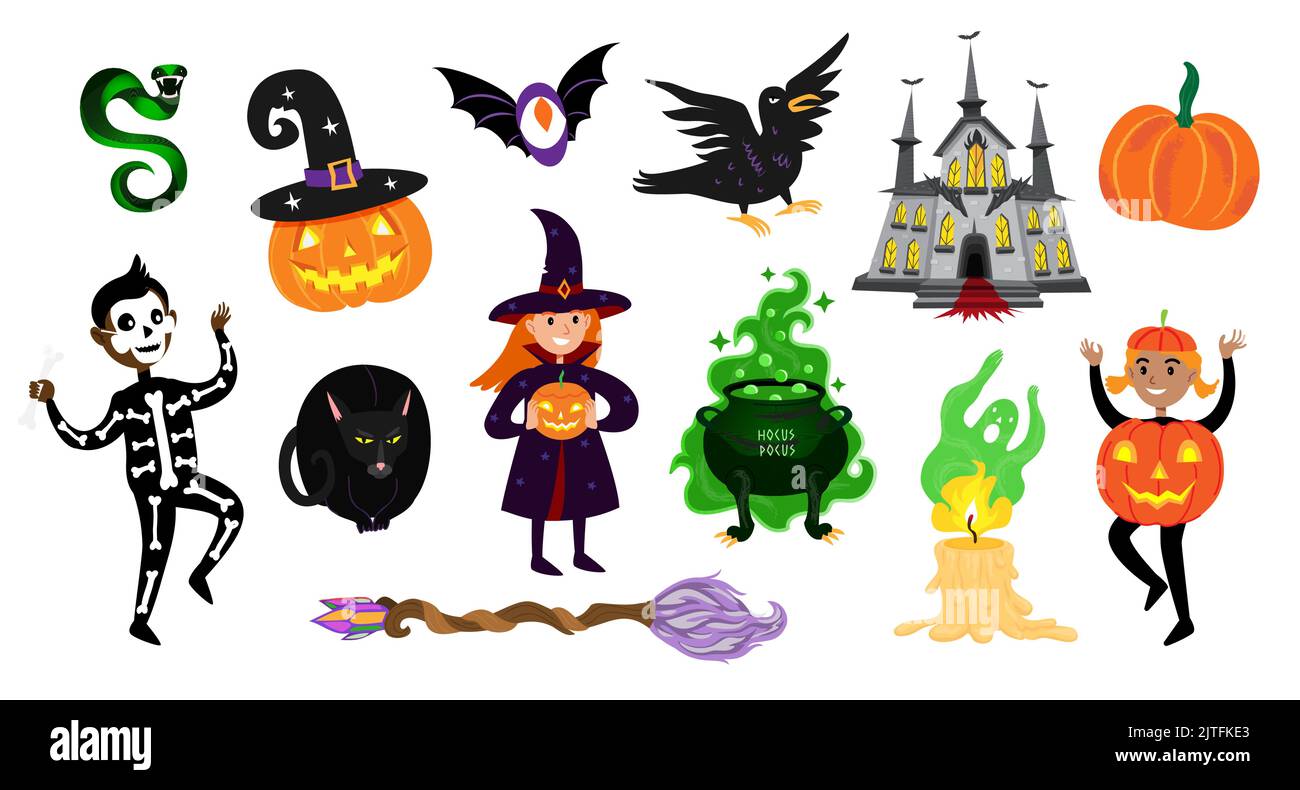 Set von Halloween Vektorgrafiken. Niedliche Kinder Halloween-Figuren festliche Kostüme und themenorientierte Urlaubsartikel. Kürbis, Hexe, Kessel, Skelett. H Stock Vektor