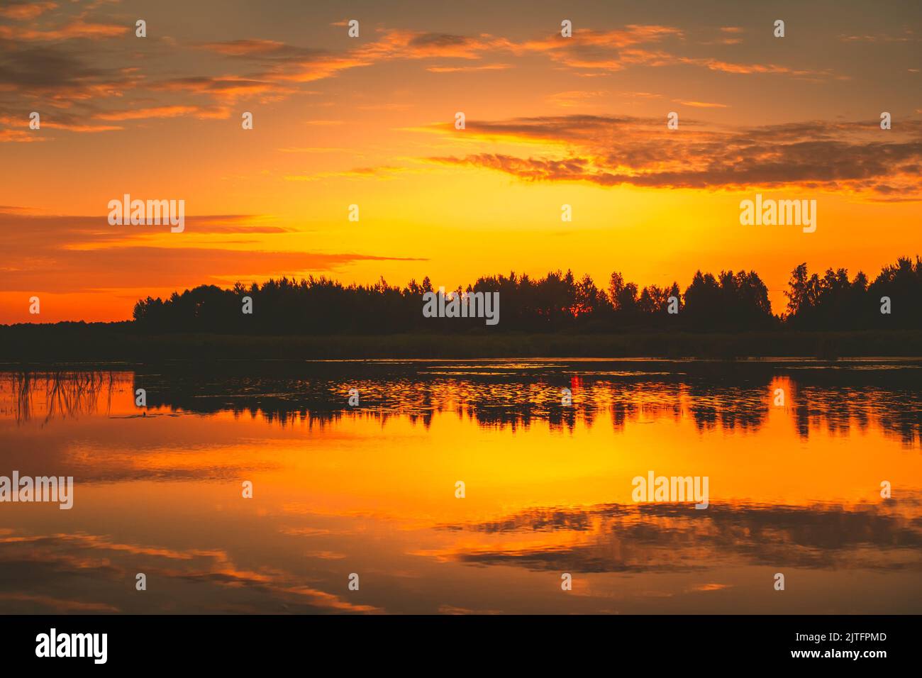 Leuchtend orange Sonnenuntergang über dem See, goldene Wolken und Schattenwald spiegeln sich im Wasser. Erstaunliche Natur Hintergrund Textur Stockfoto
