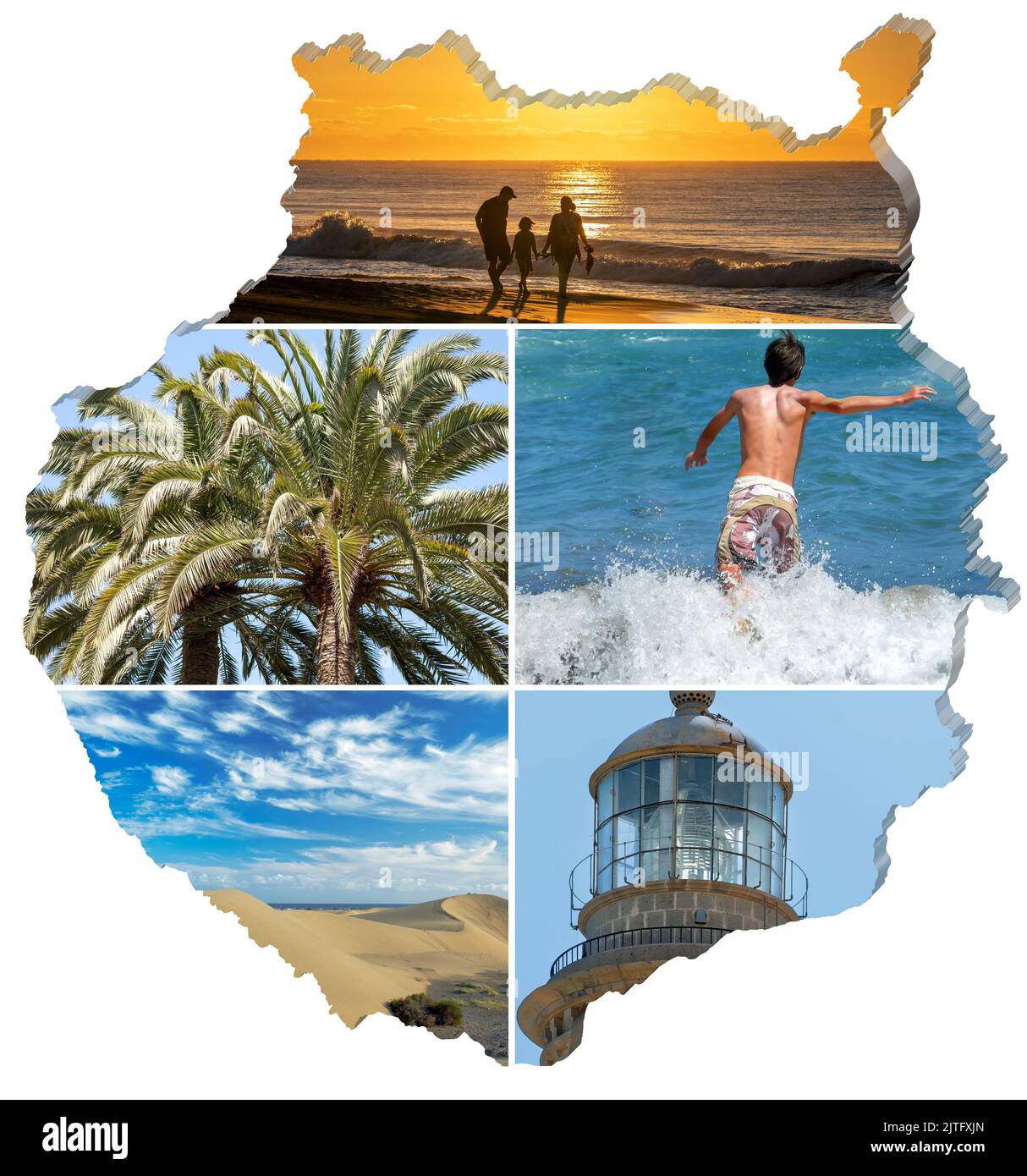 Collage von Gran Canaria Fotos auf Kartenansicht von Gran Canaria, weißer Hintergrund. Stockfoto