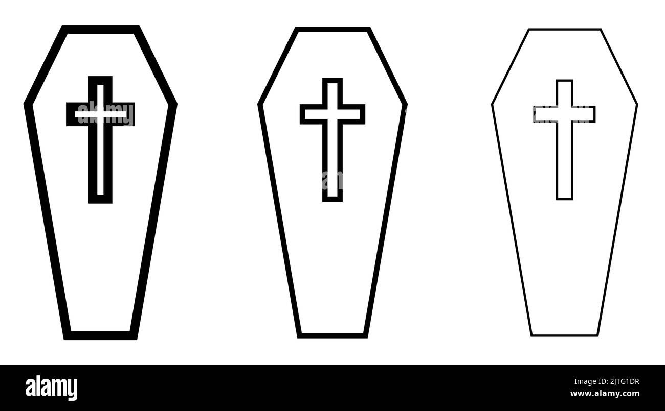 Sargsymbole gesetzt. Sarg schwarze Ikone mit Kreuz. Isolierte Sargikone. Vektorgrafik. Stock Vektor